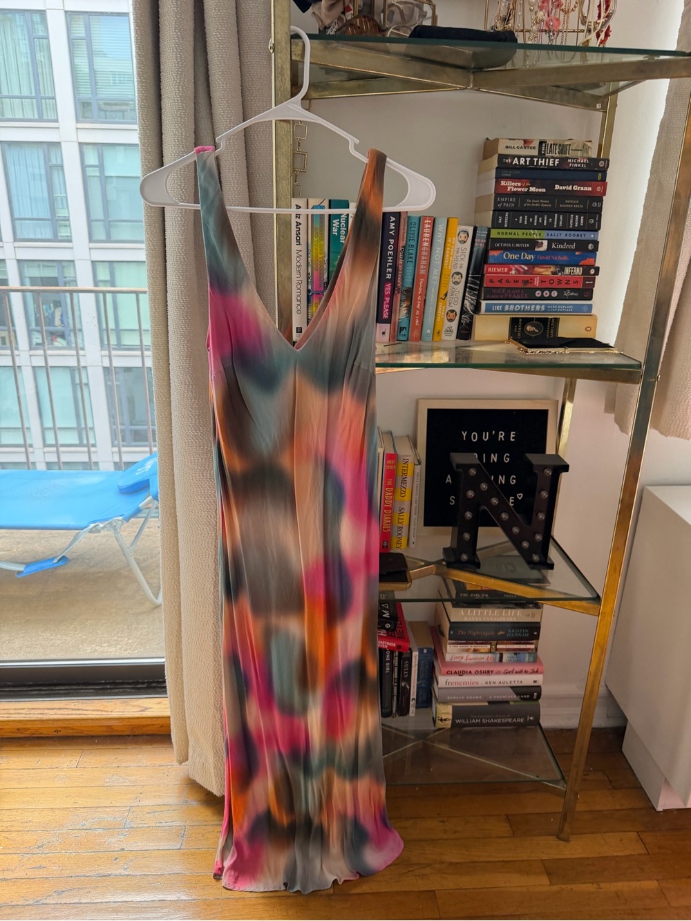 LNA Sleeveless V-Neck Midi Dress in Pink, Gray & Orange Abstract